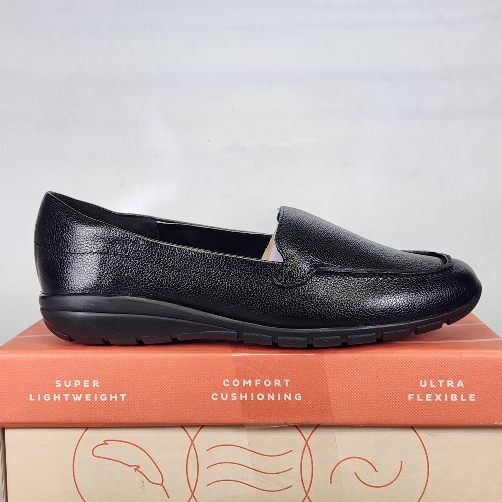 Easy Spirit Abide Black Leather Loafers Womens 7W Wide Comfort Shoes ABIDE8
